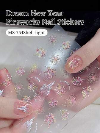 annies 1 pieza Nuevo Adhesivo de fuegos artificiales con castillo soñador, decoración de uñas con brillo y conchas románticas chispeantes de fuegos artificiales