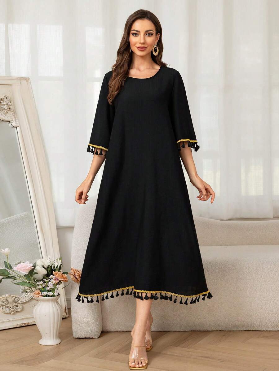 Women's Casual Vintage Tassel Sleeve Dress, Minimalist Summer Style,Modest - Black - View 1