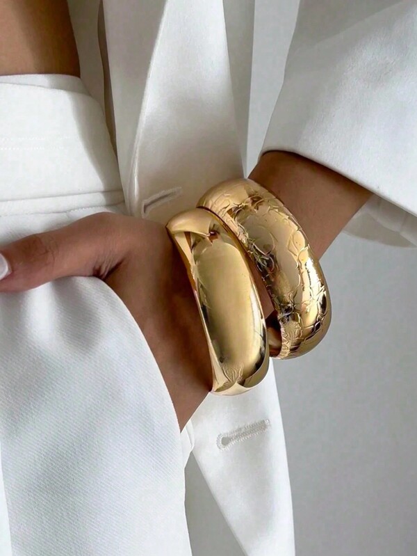 3pcs/Set Exaggerated Metallic Smooth Drum Bangle Bracelets, Vintage Minimalist Casual Party Women Couples Holiday Birthday Versatile Thick Jewelry Bangle Gift Set