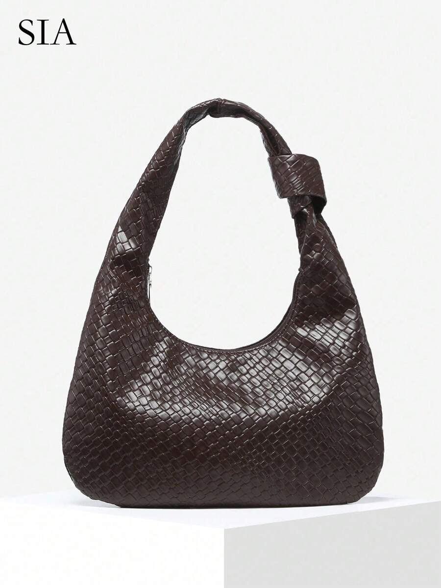 1pc Vintage Casual Angora Red Woven PU Leather Suede Large Capacity Shoulder Bag For Women, Suitable For Outing, Dating, Commuting