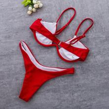 Sexy Women Swimsuit Push-Up Padded Bikini Sets Solid Color Low Waist Swimwear Biquini Bathing Suit Summer Beachwear - Đỏ - Xem 2