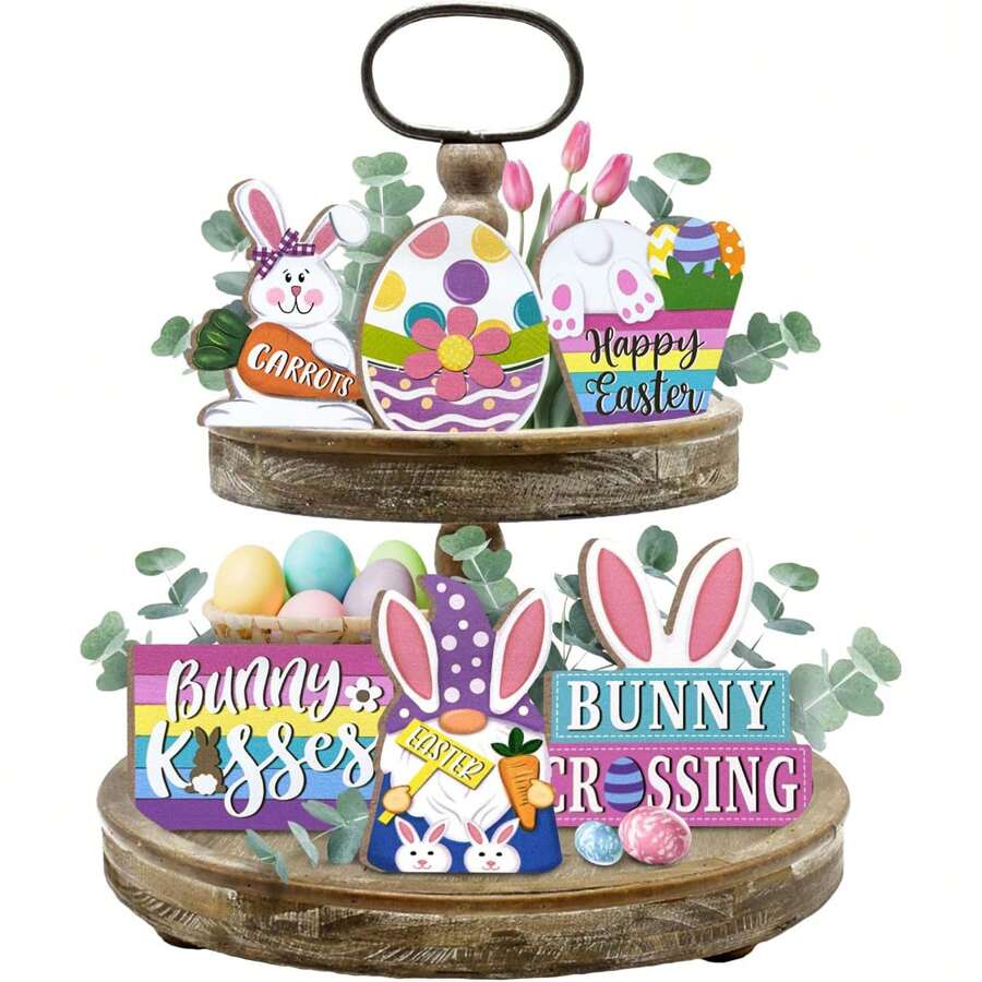 Wielkanocna Taca Dekoracyjna, Słodkie Dekoracje Tacy Wiejskiej Króliczka, Wesoła Wielkanocna Króliczek Marchewka Jajko Gnom Kolorowe Drewniane Znaki, Rustykalna Wielkanocna Wiosenna Dekoracja Do Domu Stół Półka Mantel Party Święta - Wielokolorowe - Zobacz 1