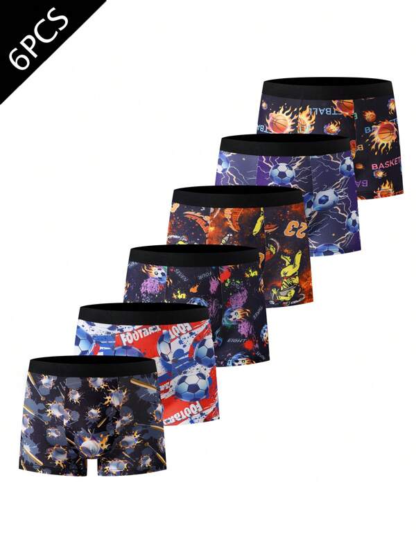 6 Stücke/Packung Jungen gemischte bedruckte Slips Unterwäsche mit Gummizug, weiche & bequeme Fußball-, Basketball-Muster, Kinder Boxer