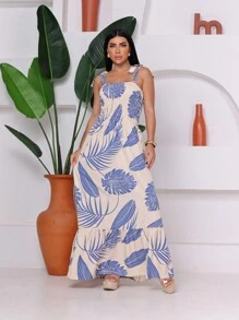 Long Printed Stretch Dress With Straps - Blanco con azul - Ver 1