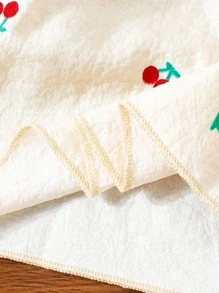 Baby Girls Ruffle Hem Cherry Print Bubble Ruche Short Sleeve Sweet Dress With Headscarf, Suitable For Outdoor Vacation, Photoshoot, Casual