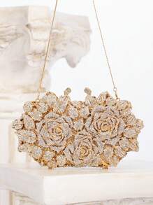 Exquisite Luxurious Flower Design Gold Color Crystal Evening Bags For Women,Formal Wedding Party Handbag Purse Floral Crystal Handbag, All Handmade Metal Rhinestone Dinner Bags,Vintage Sequin Clutch Wedding Party Prom Bag, Chain Crossbody Evening Purse, Perfect Bride Purse For Wedding, Prom & Party Events,Best Gifts For Ladies - Gold - View 7