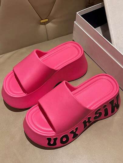 Women's Fuchsia Side Contrast Color English Accent EVA Sole Open Toe Slip-On Sandals, Beach Walking Casual Slippers, Thick Sole, Non-Slip, Durable Flip Flops