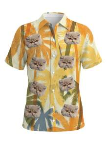 定制夏威夷椰子树印花衬衫，男女皆宜，个性化家庭沙滩衬衫，夏威夷衬衫，带照片，家庭衬衫，送给爸爸的父亲节礼物 - 杏色 - 查看 5