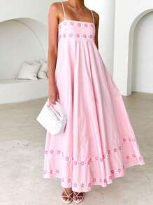 Women's Summer Spaghetti Strap Floral Boho Maxi Dress 3D Flower Sleeveless Backless Flowy Long Dress