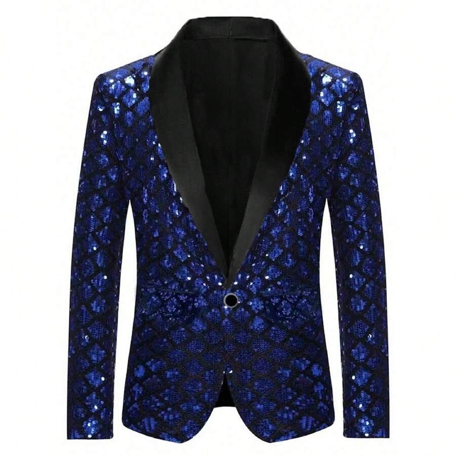 Men's Sequin Blazer Jacket, Stage Performance, Nightclub, Hotel Lobby, Formal Wear - Royal Blue - View 1