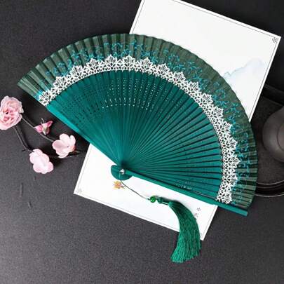 Traditional Chinese Lace Hand Fan, Portable Folding Fan, Japanese Bamboo Craft Fan, Retro Cultural Gift, Pocket Fan