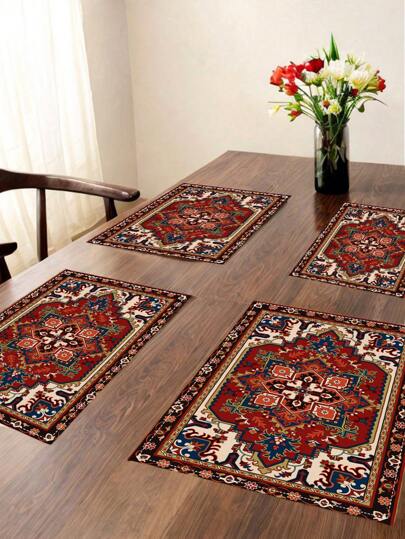4Pcs Geometric Placemats Red Bohemian Style Geometric Moroccan Geometric Pattern Carpet Pattern Farmhouse Heat Resistant Placemats Washable Easy Clean Decorative Table Mats For Patio Round Table Party Kitchen Home Dining Table Tea Party Dining Table