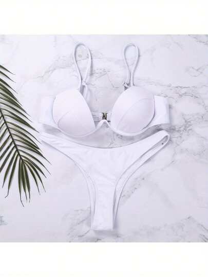 Women Bikini Push-Up Bra Swimsuit Solid Color Adjustable Thin Shoulder Strap Underwire Bra + Thong Beachwear