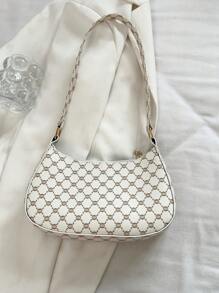 Bolsa de ombro com zíper geométrico em relevo de cor sólida, bolsa casual à prova d'água para mulheres, adequada para escritório, trabalho, negócios, deslocamento - Branco - Ver 6