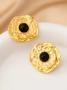 1 Pair Vintage Asymmetrical Round Frosted Gold-Color Stud Earrings