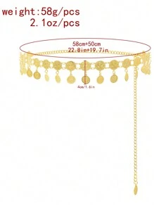 1pc Women Minimal Double Coin Tassel Waist Chain, Zinc Alloy Textured Pattern, Suitable For Party & All Seasons - Gold - View 2