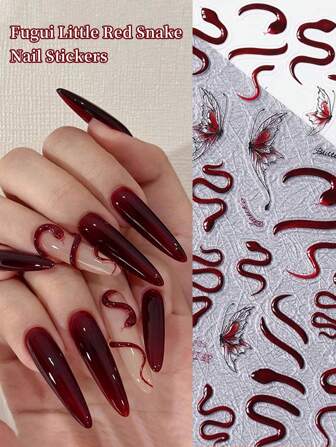 annies Set de 3 pegatinas de uñas del Año de la Serpiente, decoración de arte de uñas 3D en relieve con diseño de serpiente estilo tradicional chino en negro y rojo, diseño Mariposa Fatale