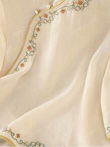 JIANHU Camicetta ampia ed elegante con collo alto, ricamata, con design moderno di bottoni cinesi, versatile per primavera ed estate