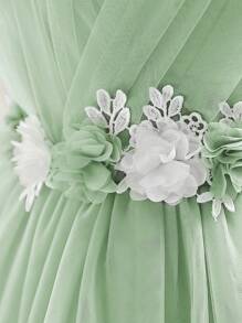 Elegantes mintgrünes Prinzessinnen Tüllkleid mit 3D Blumendekor für Kleine Mädchen, geeignet für Geburtstagsfeiern, Hochzeiten, Wettbewerbe, Tanzdarbietungen, Bühnenshows, Feierlichkeiten - Minzgrün - Übersicht 3