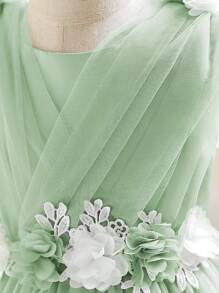 Elegantes mintgrünes Prinzessinnen Tüllkleid mit 3D Blumendekor für Kleine Mädchen, geeignet für Geburtstagsfeiern, Hochzeiten, Wettbewerbe, Tanzdarbietungen, Bühnenshows, Feierlichkeiten - Minzgrün - Übersicht 4