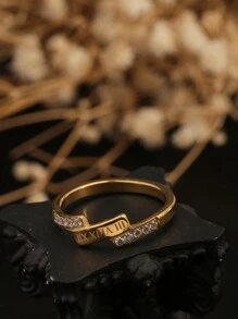 1 chiếc nhẫn số La Mã bằng thép không gỉ mạ vàng 18K và đính kim cương nhỏ, thích hợp để đeo hàng ngày cho phụ nữ, đám cưới, quà tặng cho vợ/mẹ - Vàng - Xem 2
