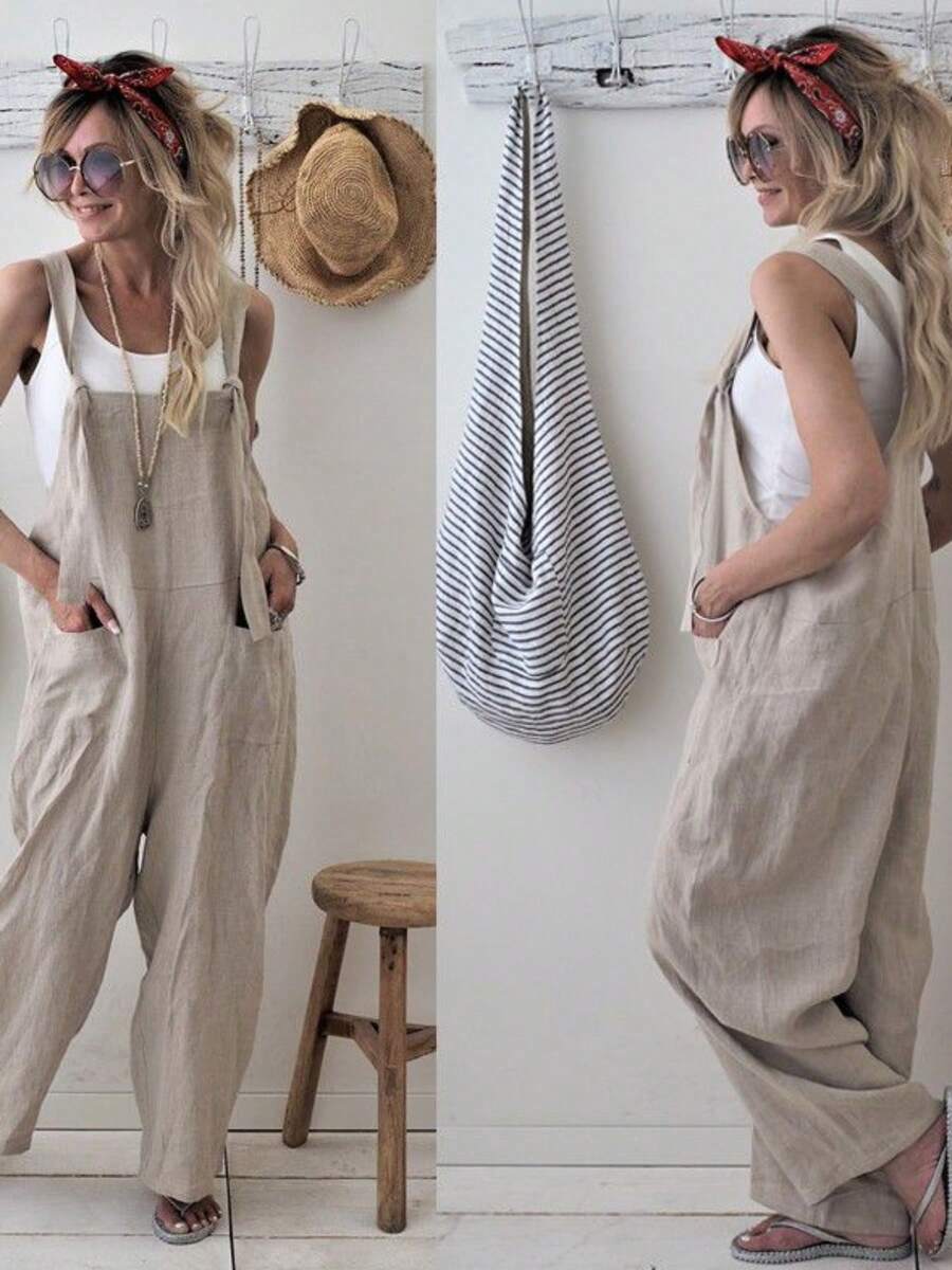 Women Casual Loose Overalls, Sleeveless Straps Baggy Jumpsuit, Wide Leg Vintage Romper Playsuit - 米色 - 查看 1
