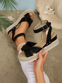 Nuevas sandalias de verano con cuña de plataforma de cuerda de yute gruesa con moño beige - Negro - Ver 4