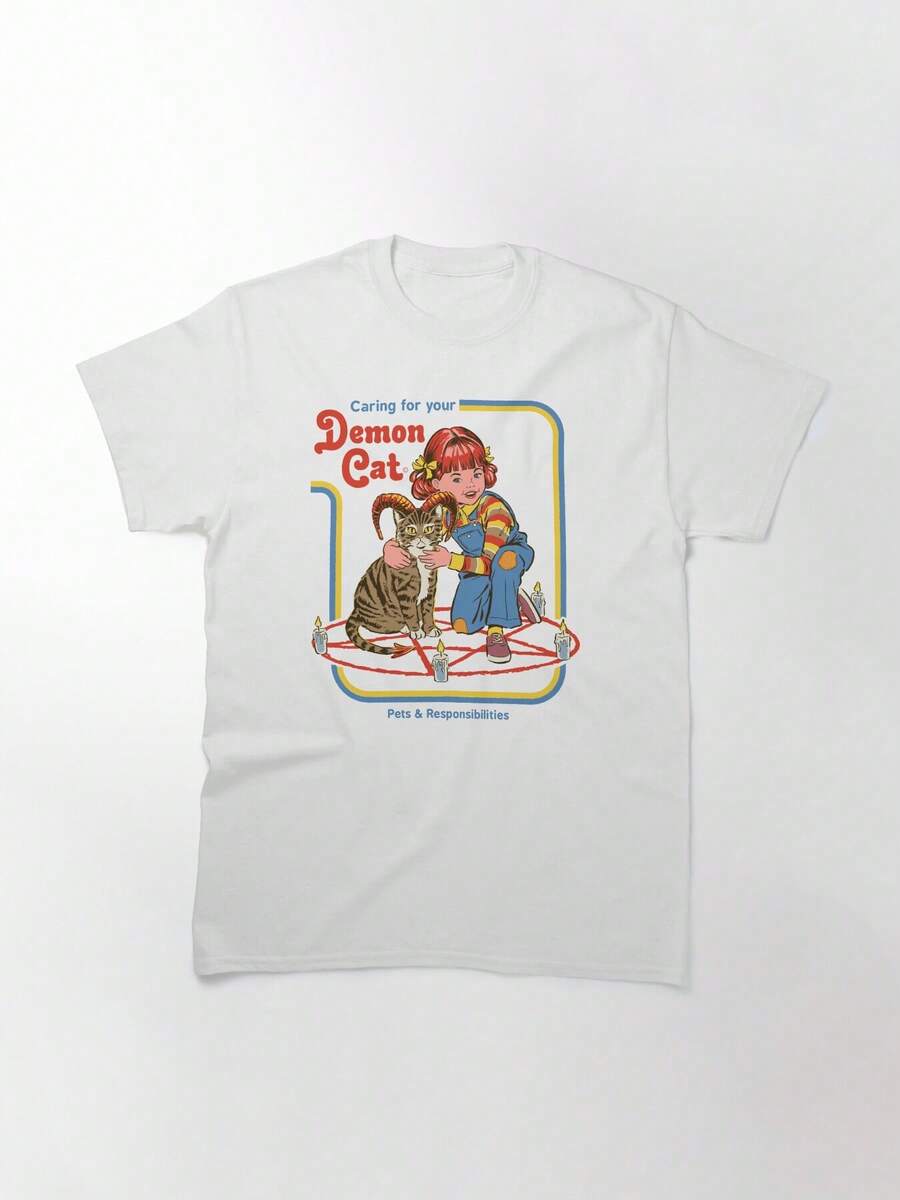 Caring For Your Demon Cat Classic T-Shirt, Women's T-Shirt, 220g Pure Cotton, Casual Crew Neck, Great For Chill Days, Hiking, Or Nature Walks. - trắng - Xem 1