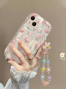 Cream-Colored Wavy Edge Shiny Oil Ditsy Floral Painted Anti-Drop Phone Case With Handmade Beaded Bracelet, Compatible With IPhone 16/11/16pro/16plus/16promax/16e/15Promax/13/14/12/XS/XR/7G/8P, Also Compatible With Samsung Galaxy S25/S25PLUS/S25 Ultra/A16/A36/A26/A56/A50/A12/A32 Waterproof Shockproof Scratch Resistant,International Version, Not The Domestic Version - Multicolor - View 4