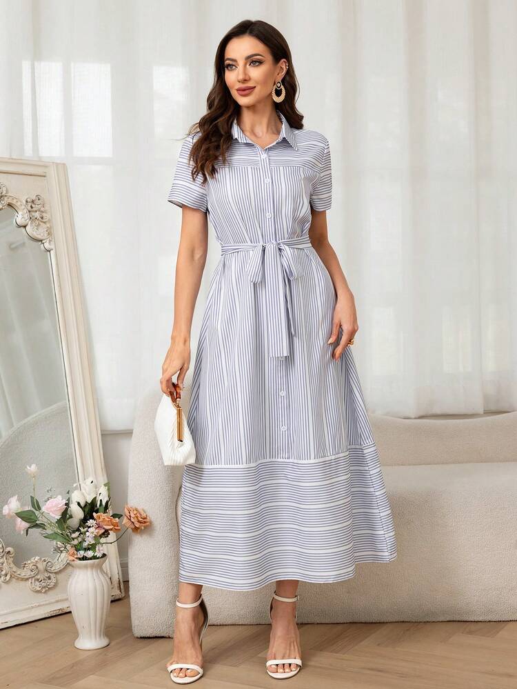Women's Summer Casual Simple Striped Short Sleeve Shirt Dress - Blue and White - View 5