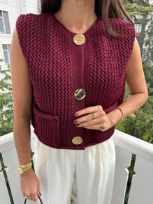 Ladies' Fashionable Round Neck Pocket Metal Button Knit Vest