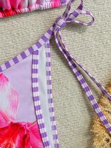 Floral Print Backless Halter Sexy Bikini Set For Women, For Summer Beach Vacation - Multicolor - View 5