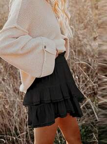 Women's Summer Skorts Casual Layered Ruffles Solid High Waist Mini Skirts With Shorts - màu đen - Xem 4