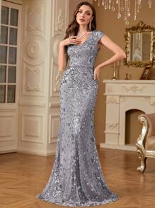 hezixi 女士优雅亮片性感晚礼服，长款美人鱼正式舞会礼服，奢华婚礼派对鸡尾酒会礼服，婚礼宾客礼服 - 灰色 - 查看 7