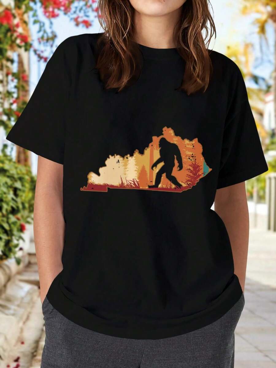 Retro Vintage Bigfoot Sasquatch Yeti Thanksgiving Day Women T-Women's Shirt With Funny Pumpkin Pie Design - Black - View 1