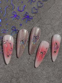 2 张金色蝴蝶结美甲贴纸，情人节优雅线条 3D 激光粉色蝴蝶结丝带蝴蝶结星星镂空爱心设计自粘指甲贴花女士 DIY 美甲用品 - 彩色 - 查看 5