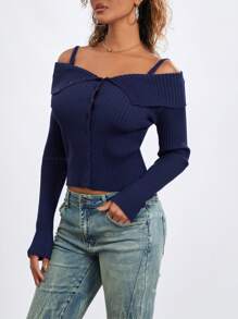 Women's Autumn Slim Knit Tops Solid Color Off Shoulder Long Sleeve Sweaters Knitwear - Blue - View 7