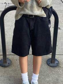 MYOURSA Quần short denim Bermuda dáng rộng thoải mái hàng ngày mùa hè, màu đen - màu đen - Xem 5