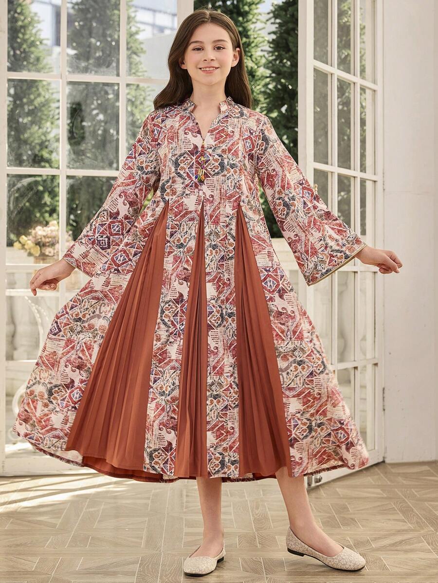 Tween Girl Random Print /Saudi Arabian Style Casual Loose Dress Robe - Multicolor - View 1