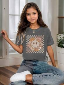 1件装休闲碎花圆领短袖T恤，适合青少年女孩，宽松舒适，夏季上衣 - 深灰色 - 查看 3