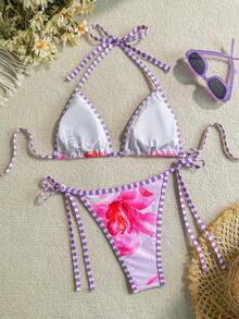 Floral Print Backless Halter Sexy Bikini Set For Women, For Summer Beach Vacation - Multicolor - View 2