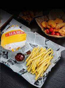 50 张复古报纸印花食品包装纸、防油纸、用于衬篮的防油食品纸、用于薯条和汉堡的一次性烘焙纸、多用途烘焙垫、必备厨房用品、万圣节、圣诞节和烧烤的完美派对用品。（图案位置不对称且随机） - 白色英文紙 - 查看 8