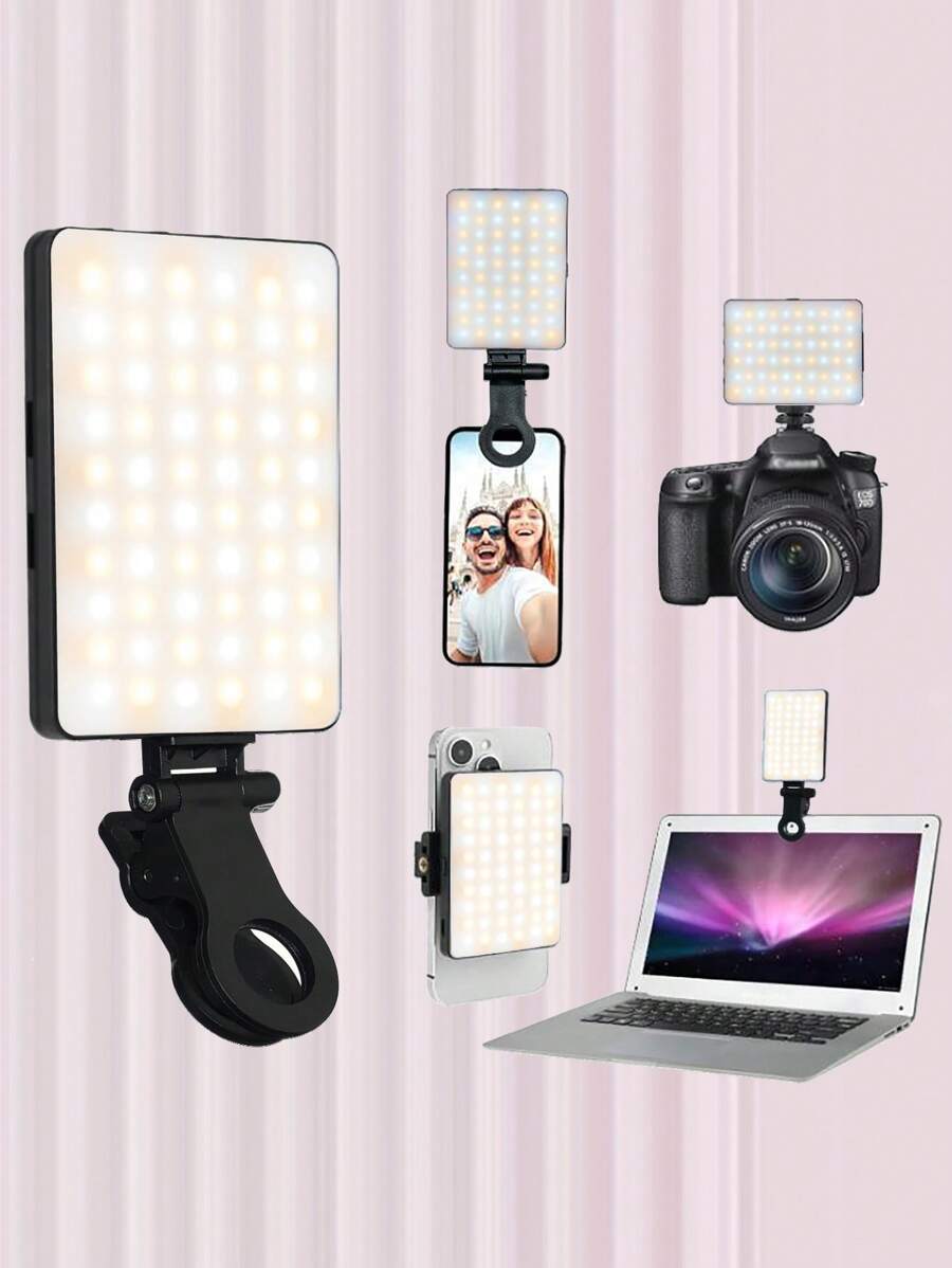 1 pieza de 60 LED rellenador de luz de selfie, luz de teléfono LED con 3 modos de iluminación, brillo regulable con indicador de batería, recargable mini tipo C 5V, portátil, clip para maquillaje, transmisión en vivo, conferencia de Zoom, luz recargable para teléfono, cámara, color rosa/blanco/negro/morado