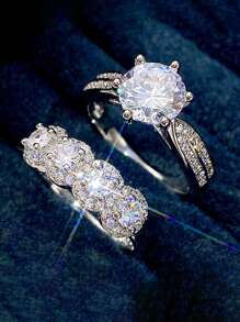 1 Set Shiny Cubic Zirconia 925 Sterling Silver Couple Rings, Suitable For Wedding, Engagement Party, Valentine's Day And Other Occasions