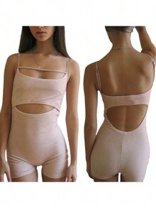 Women Solid Color Sling Playsuits Hollow-Out Sleeveless Backless Spaghetti Strap Skinny Short Jumpsuits Rompers - Caqui - Ver 7