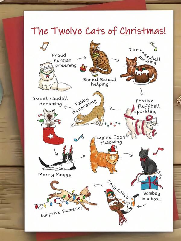 1pc Christmas 12 Cats Greeting Card With Envelope - Unique Christmas Gift Idea For Cat Lovers, Family And Friends, Suitable For Anniversary, Thanksgiving, Birthday, Thank You - Stationery,Christmas
