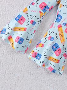 2pcs/Set Girls/Toddlers Casual Outdoor Pencil Print T-Shirt And Flared Pants Set, Summer