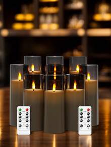 9 件/套电池供电闪烁无焰 LED 柱状蜡烛，带遥控器和 2/4/6/8 小时定时器，亚克力 LED 蜡烛（2.3 英寸 X 5 英寸、6 英寸、7 英寸） - 灰色 - 查看 6