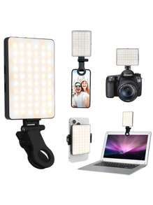1 pieza de 60 LED rellenador de luz de selfie, luz de teléfono LED con 3 modos de iluminación, brillo regulable con indicador de batería, recargable mini tipo C 5V, portátil, clip para maquillaje, transmisión en vivo, conferencia de Zoom, luz recargable para teléfono, cámara, color rosa/blanco/negro/morado