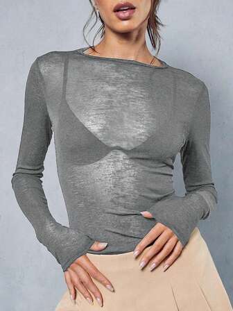 Y2K Stretchy See-Through Long Sleeve Round Neck Slim Fit T-Shirt Going Out Tops